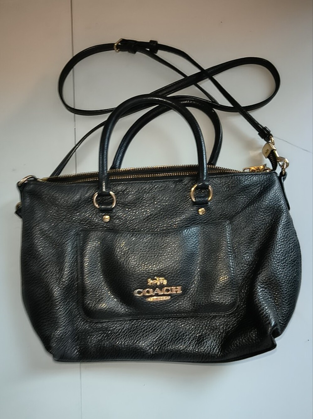Vintage Coach Black Pebbled Leather Satchel with Gold Hardware
